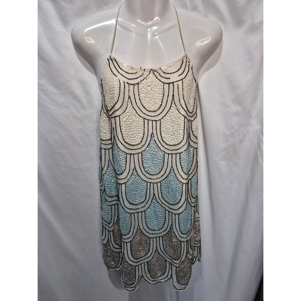 NBD Beaded Mermaid Scale Mini Dress Ombre Halter Backless Tassel White Blue S
